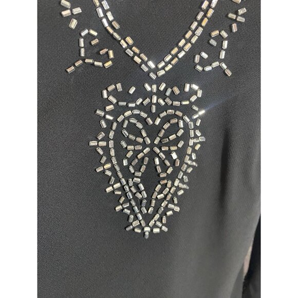 JR Nites By Caliendo Black Layered Tunic Top Silver Beads Asymmetrical Hemline 8 - Picture 9 of 10